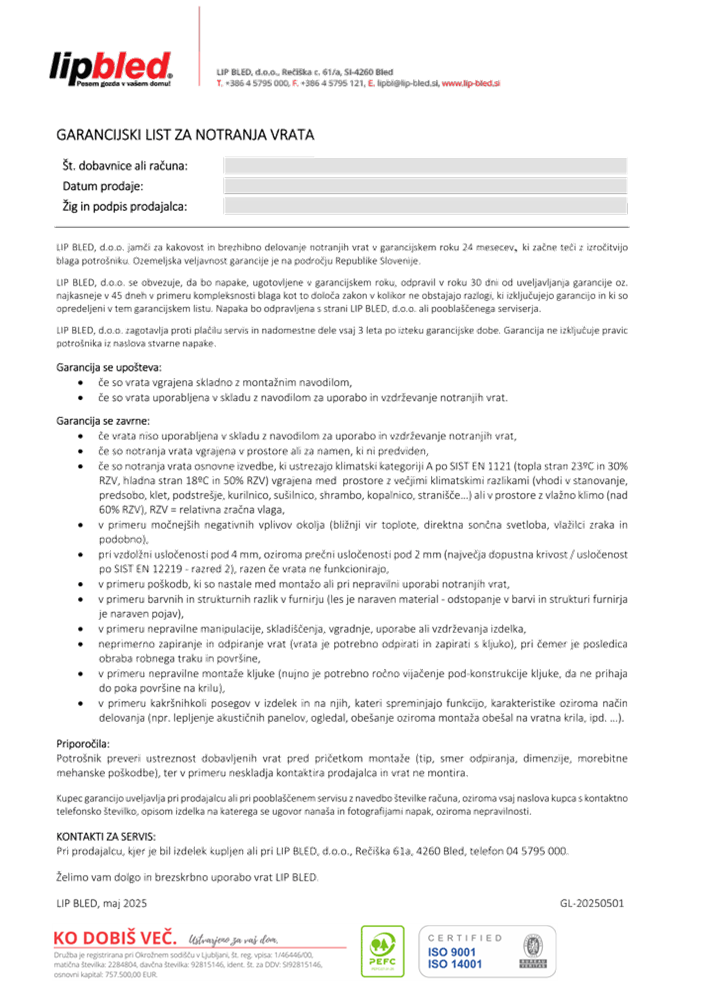 GARANCIJSKI LIST za NOTRANJA VRATA